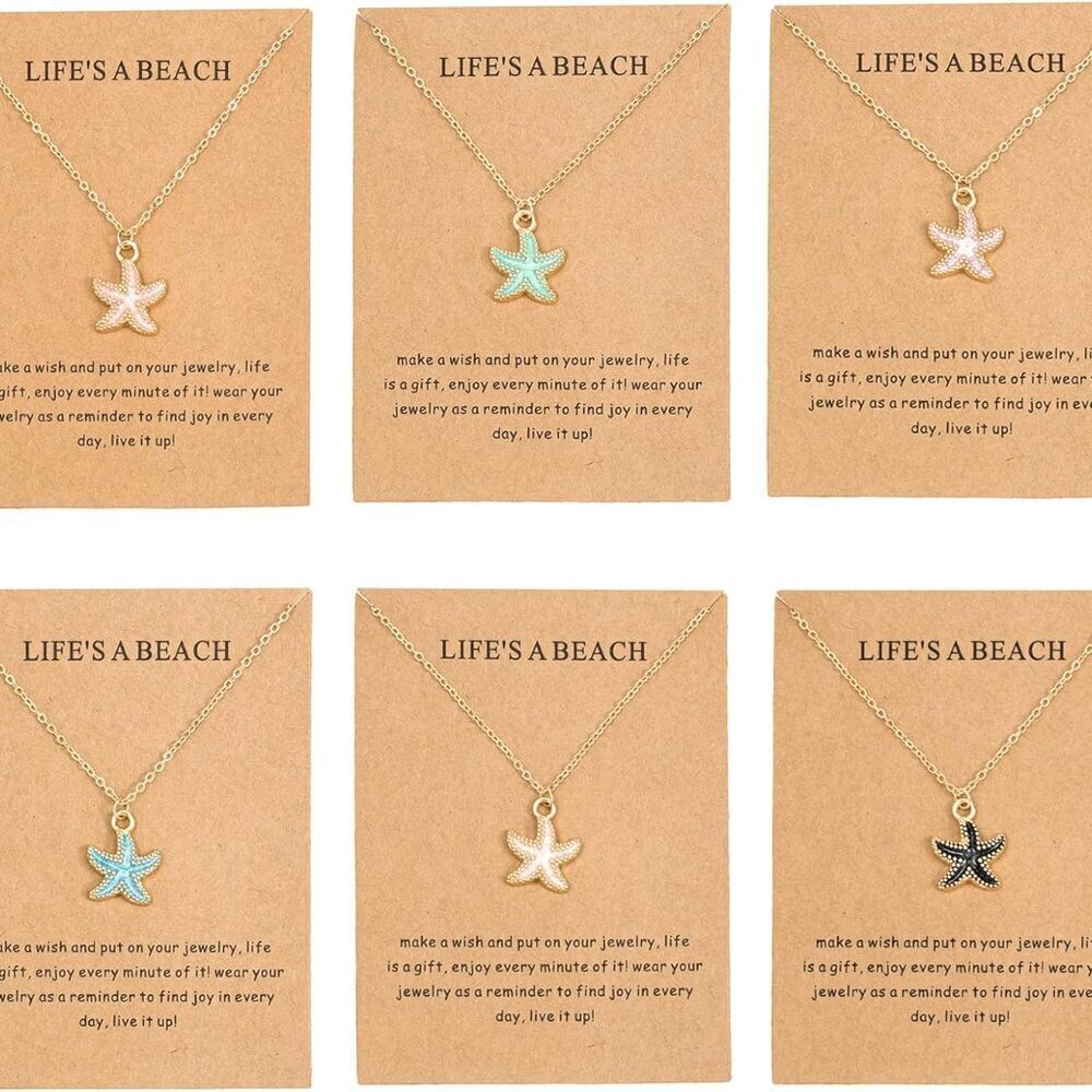 Gold Starfish Necklace Set 6-Pack Beachy Hawaii Friendship Jewelry for Women